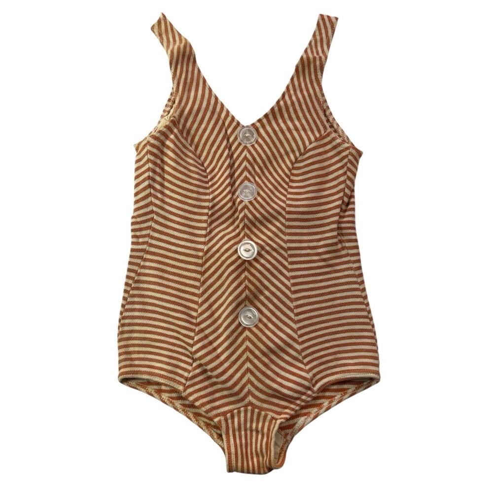 Vintage Knit Swimsuit Orange Cream Stripe One Piece 1950s 1960s Small